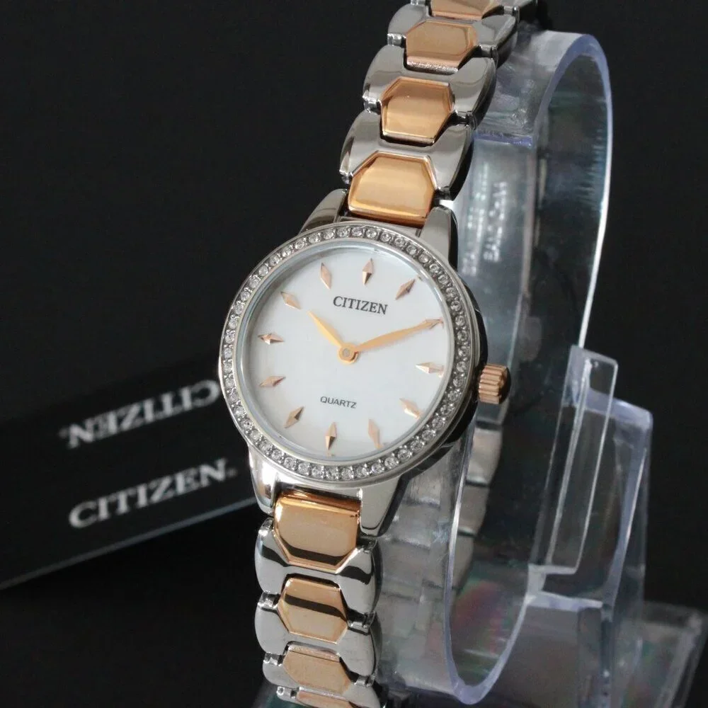 Citizen Women's Quartz Watch Crystal Bezel Mother Of Pearl Dial 24mm